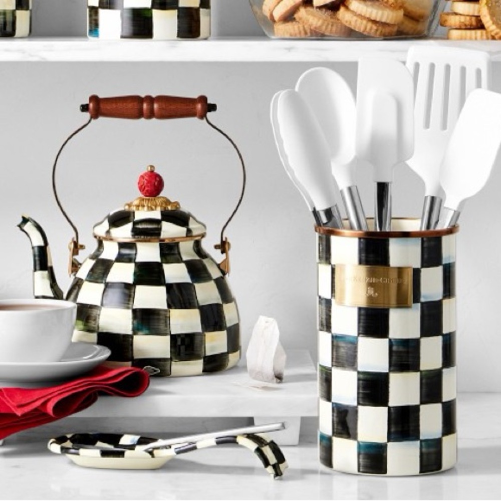 MACKENZIE-CHILDS Courtly Check Tea Kettle 2-Qt. + Enamel Utensil Holder